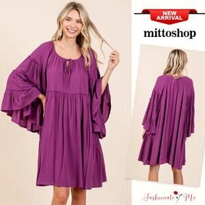 Mittoshop Frill Tie Neck Long Bell Sleeves Ruffle Detail Mini Dress | Violet